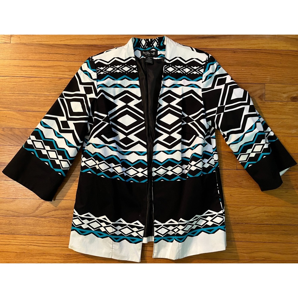 Ivy Chic Vintage Geometric Open Blazer Black White Aqua Blue Women Small